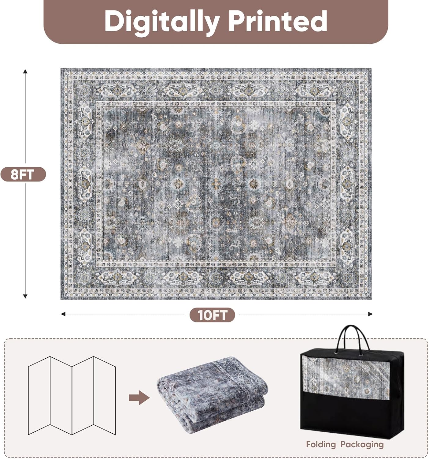Rugcomf Large Living Room Rug 8x10 Washable Non Slip Vintage, Grey