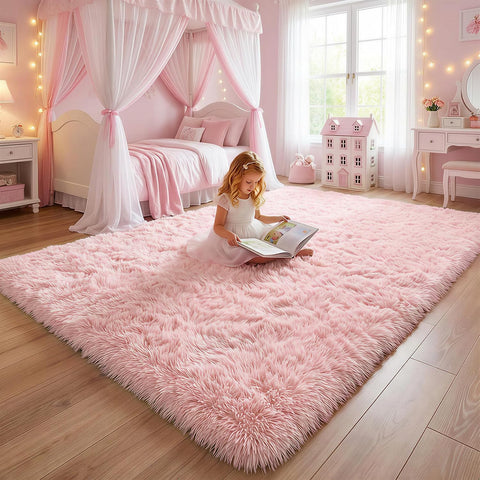 Amdrebio Light Pink Fluffy Fuzzy Area Rug 4x6 for Girls Bedroom Kids Room