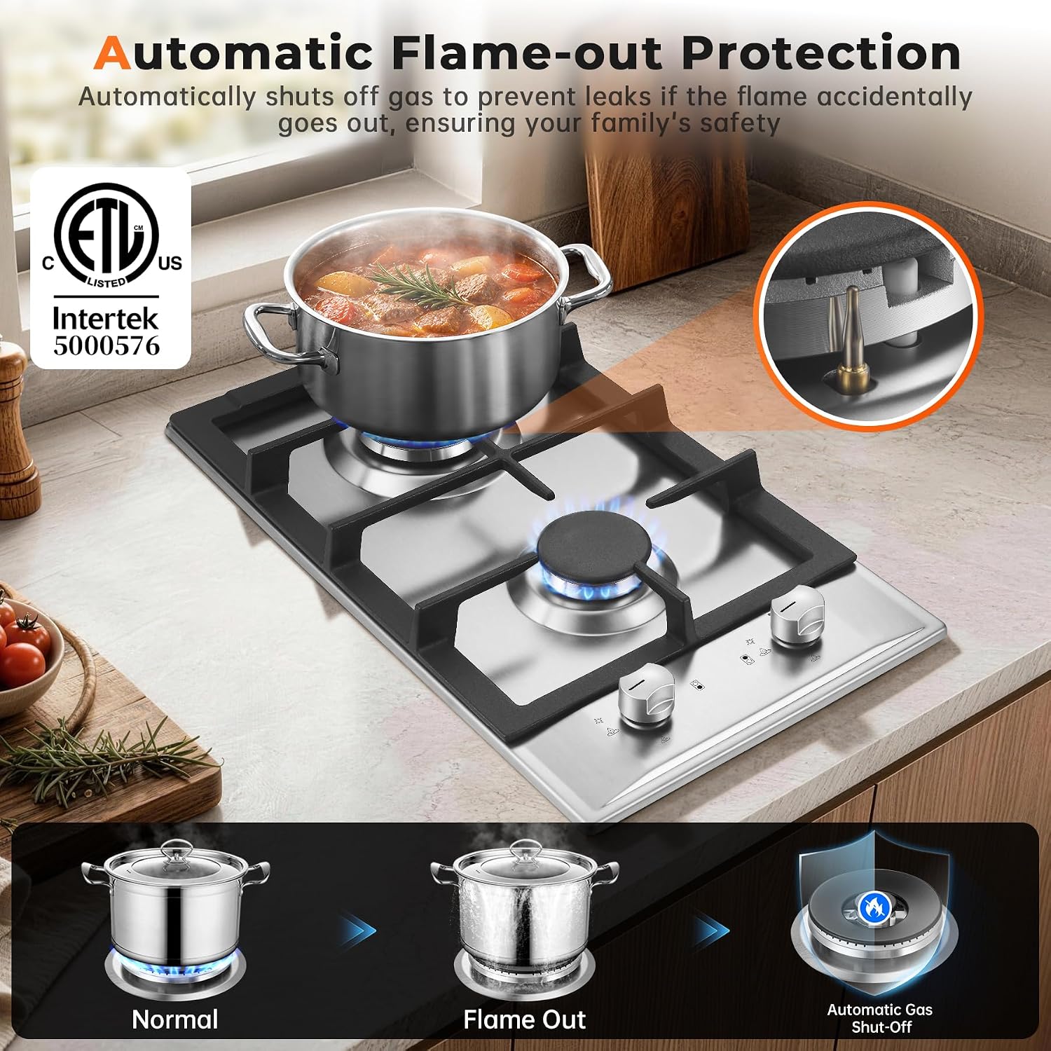 12 inch Gas Cooktop, 2 Burner Gas Stove, 304 Stainless Steel