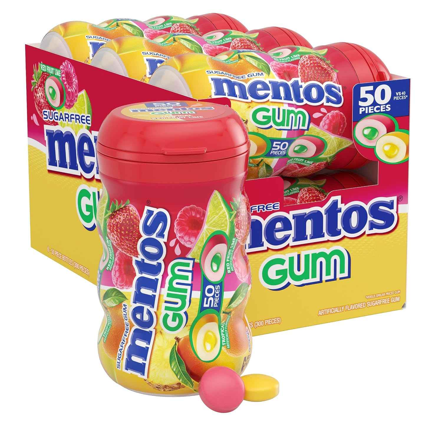 Mentos Sugar Free Chewing Gum, Red Fruit Lime, 50 Piece Bottle (6 Pack) | Contains Xylitol, Perfect for Long Lasting Fresh Breath at School, Work & Travel