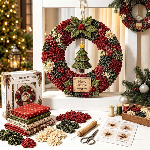 Christmas Wreath Making Kit for Adults 3D Fabric Poke Art Kit No Sew Beginner Craft Project Handmade Hanging Decoration for Front Door Wall Entryway and Home (Tree)