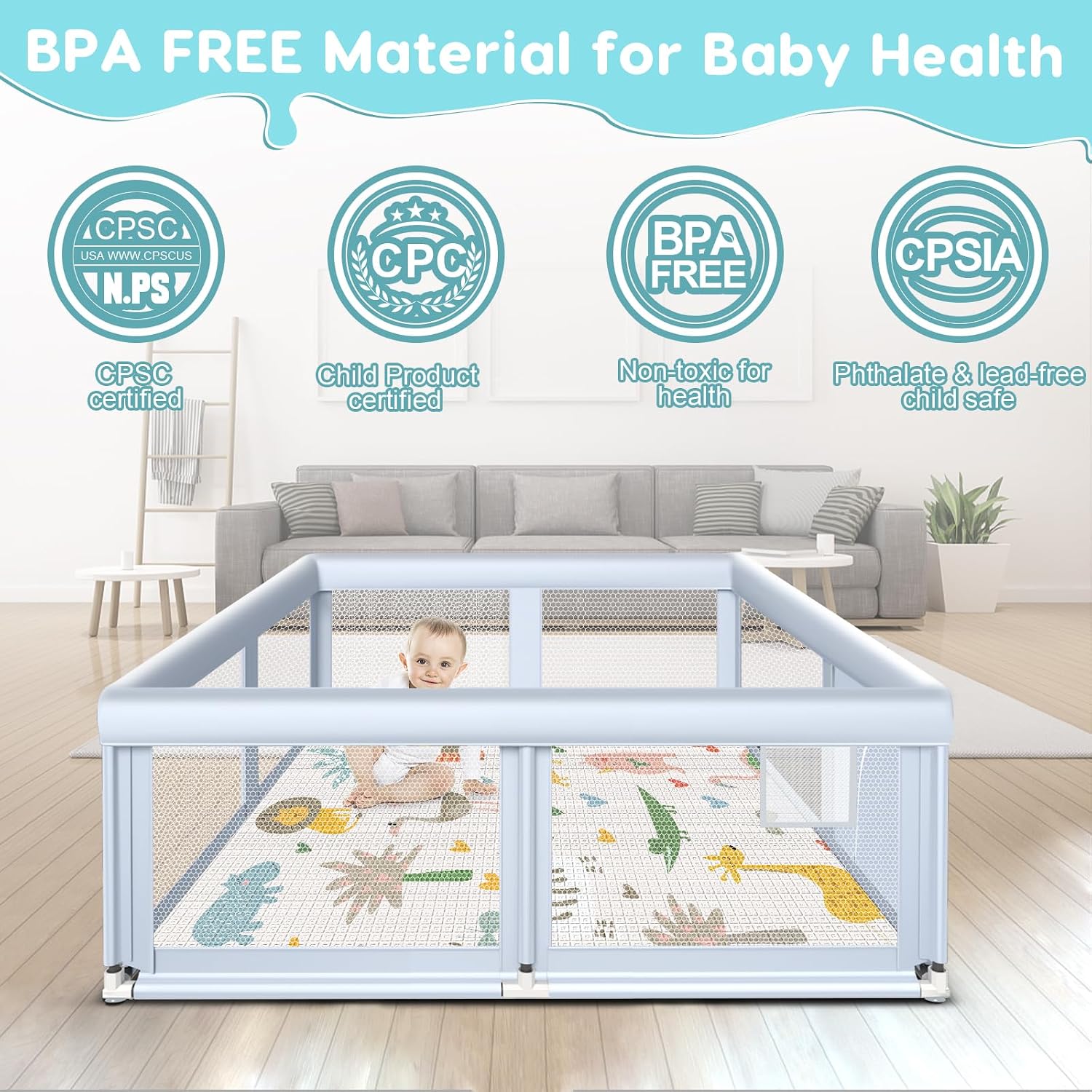 Fshibila 65" ×50" Large Baby Playpen with Mat, Baby Playard for Babies and Toddlers, Play Pens for Indoor & Outdoor, Sturdy Safety Play Yard with Soft Breathable Mesh, Anti-Fall, Grey