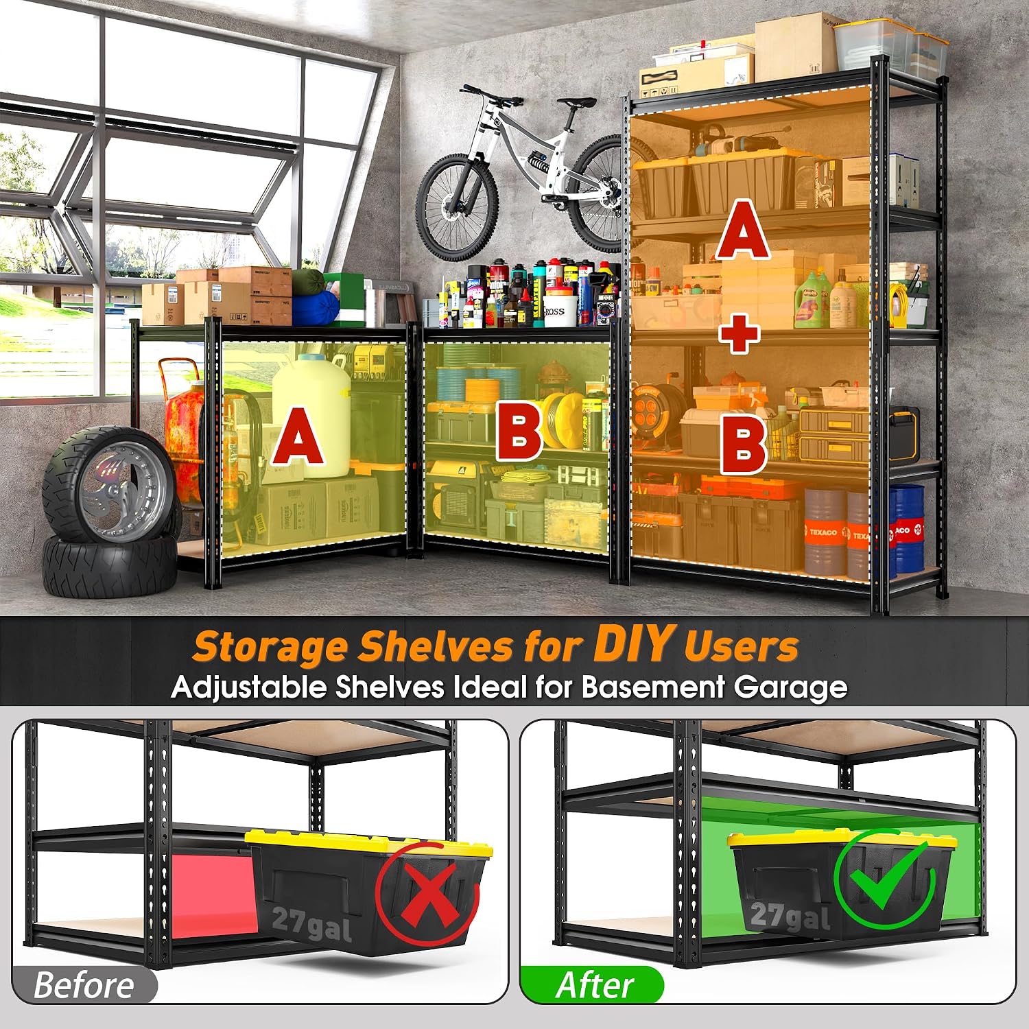 REIBII 2400LBS Garage Shelving,36" Wx16" Dx72" H Shelves for Basement