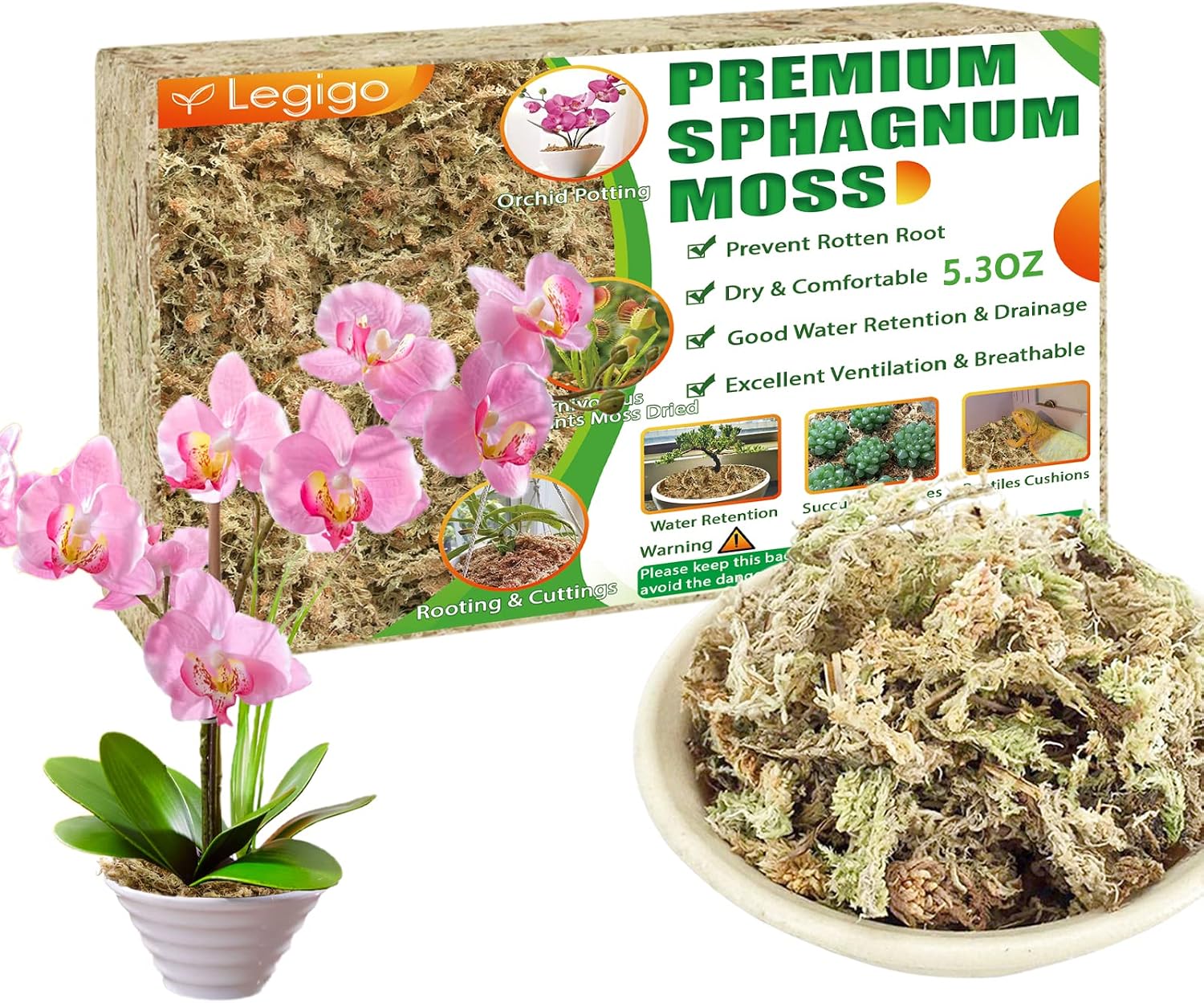 Legigo 5.3OZ Sphagnum Moss for Plants - 6QT Natural Long Fibers Orchid Moss