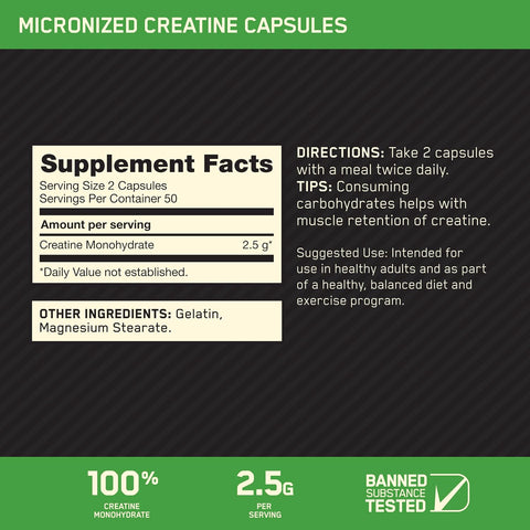 Optimum Nutrition Micronized Creatine Monohydrate Capsules, 100 Ct