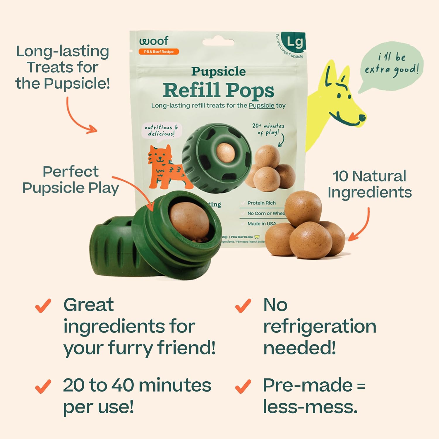 WOOF Pupsicle Peanut Butter & Beef Refill Pops Dog Treats, Large, 7 Count
