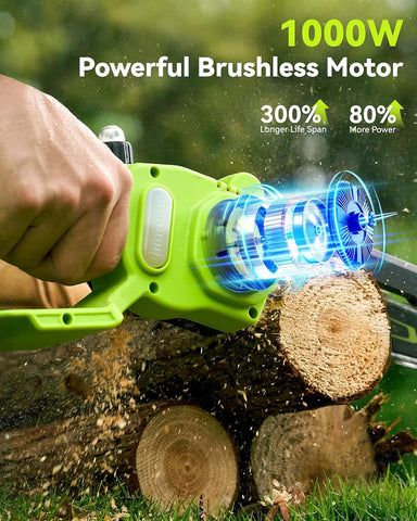 Mini Chainsaw Cordless, 8 Inch & 6 Inch Electric Chainsaw Battery Powered, 1000W Brushless Handheld Power Chain Saw with 2 Batteries, Small Tree Saw for Branch Trimming Wood Cutting