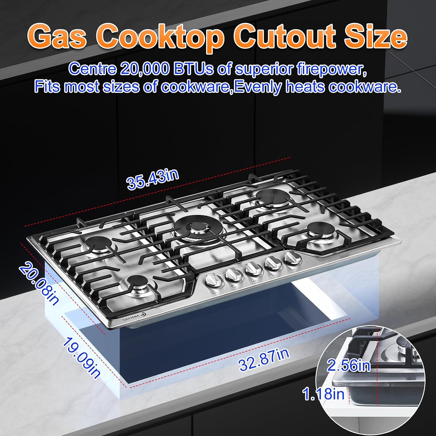 AMZCHEF 36 Inch Gas Cooktop with Griddle, 5 Italy SABAF Sealed Burners