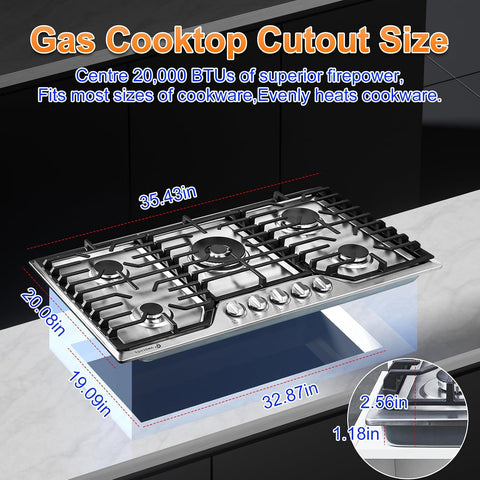 AMZCHEF 36 Inch Gas Cooktop with Griddle, 5 Italy SABAF Sealed Burners