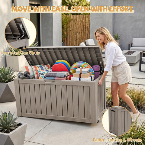 EFU Outdoor Storage Box Waterproof,150 Gal Gen 2 Resin Deck Box With Wheels