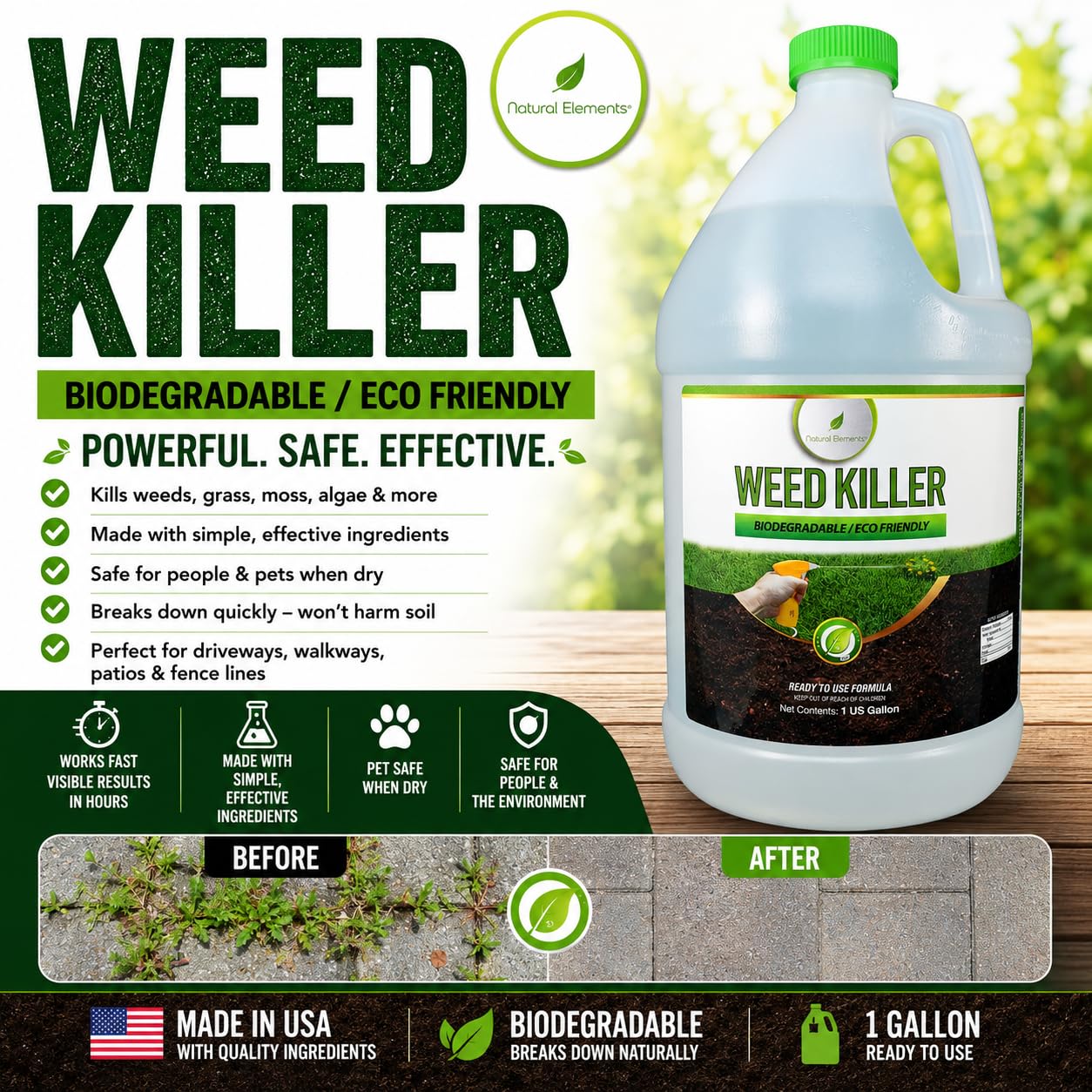 Natural Elements Weed Killer | Pet Safe, Safe Around Children | Natural Herbicide (1 Gallon)