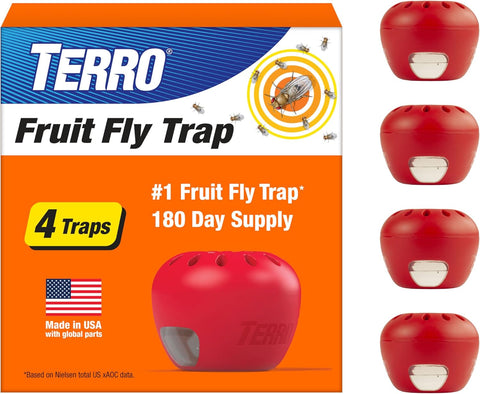 TERRO Fruit Fly Trap 4-Pack, 180 Day Lure Supply, Food-Based Lure