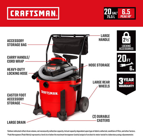 CRAFTSMAN CMXEVBE17656 20 Gallon 6.5 Peak HP Wet Dry Shop Vacuum with Cart