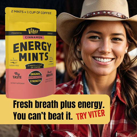 Viter Energy 40mg Caffeine Mints - Sugar Free, B Vitamins, Vegan, Boosts Fast Energized Alert Focus, Caffeinated Nootropic Supplement Pills (Cinnamon Flavor, 8oz, Bulk Bag)