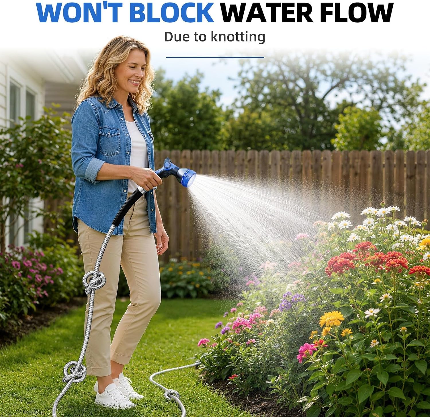 SPECILITE 125ft 304 Stainless Steel Metal Garden Hose with Blue Nozzle