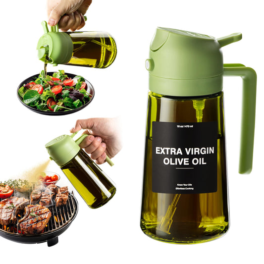 CXINYI - Oil Dispenser for Kitchen - 16oz / 470ml Olive Oil Bottle w/Stickers - 2 in 1 Olive Oil Dispenser & Oil Sprayer - Oil Sprayer for Cooking, Salad, Barbecue Green(Light-Proof)