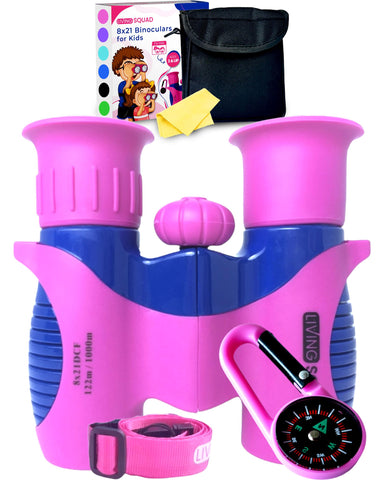 Kids Binoculars 8x21 Pink- Girls Age 3-12, Shock Proof Compact Binoculars for Kids Set- Neck Strap, Compass, Carabiner, Case- High-Resolution Optics Child Gift Toy for Bird Watching, Hiking, Spy