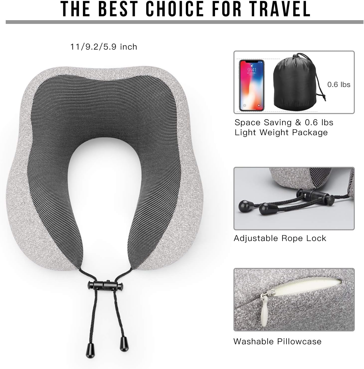 MLVOC Neck Pillow for Traveling, Upgraded 100% Pure Memory Foam Travel Neck Pillow for Airplane Flight Sleep, Breathable & Machine Washable Cover, Travel Kit with 3D Eye Mask, Earplugs & Bag, Grey
