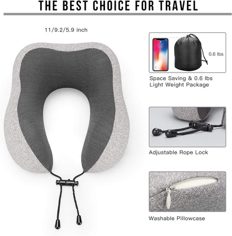 MLVOC Neck Pillow for Traveling, Upgraded 100% Pure Memory Foam Travel Neck Pillow for Airplane Flight Sleep, Breathable & Machine Washable Cover, Travel Kit with 3D Eye Mask, Earplugs & Bag, Grey