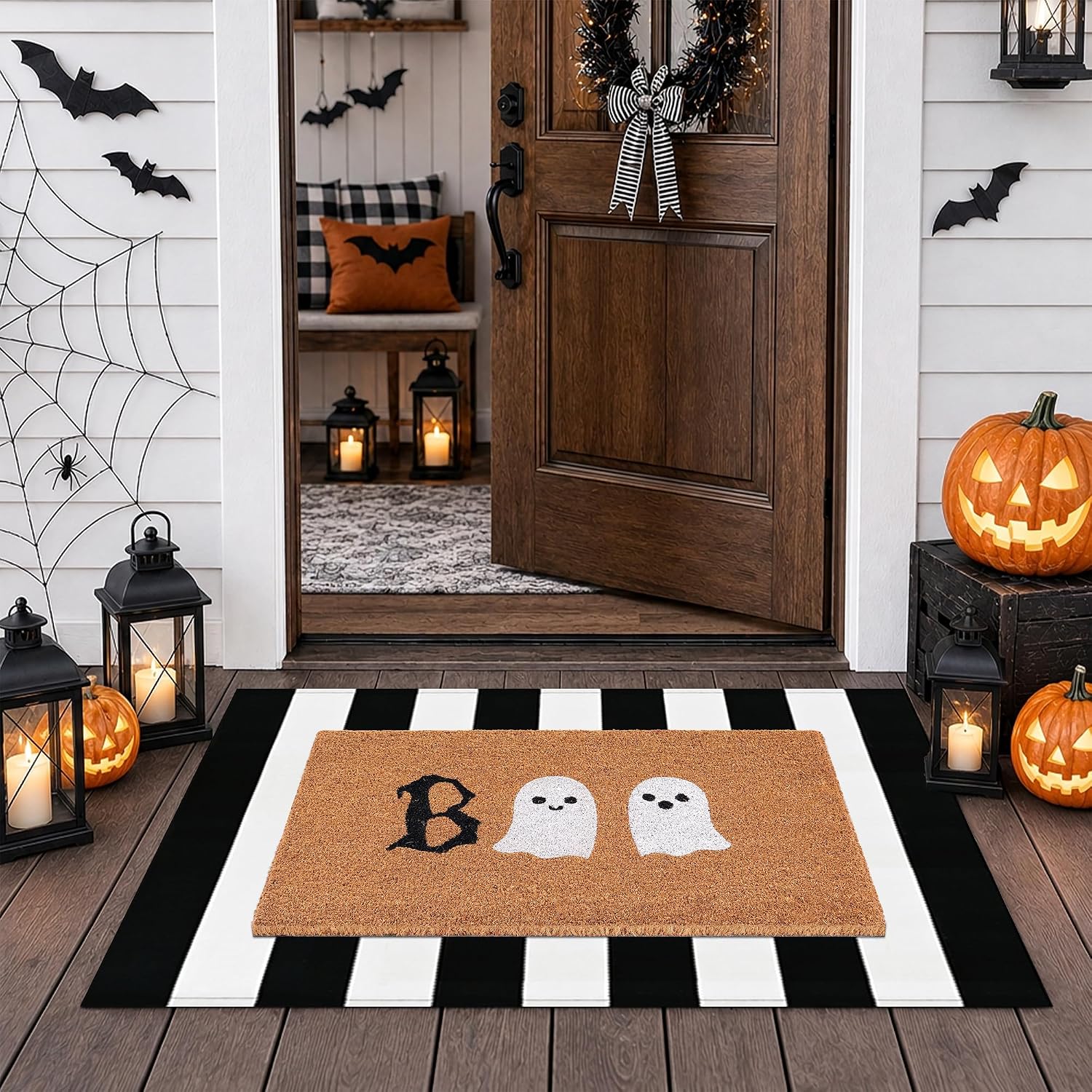 Halloween Door Mat Combo Set, Boo Ghost Coco Coir Welcome Doormat + 28" x 43" Black and White Plaid Rug, Autumn Halloween Front Porch Entryway Decor Floor Mat