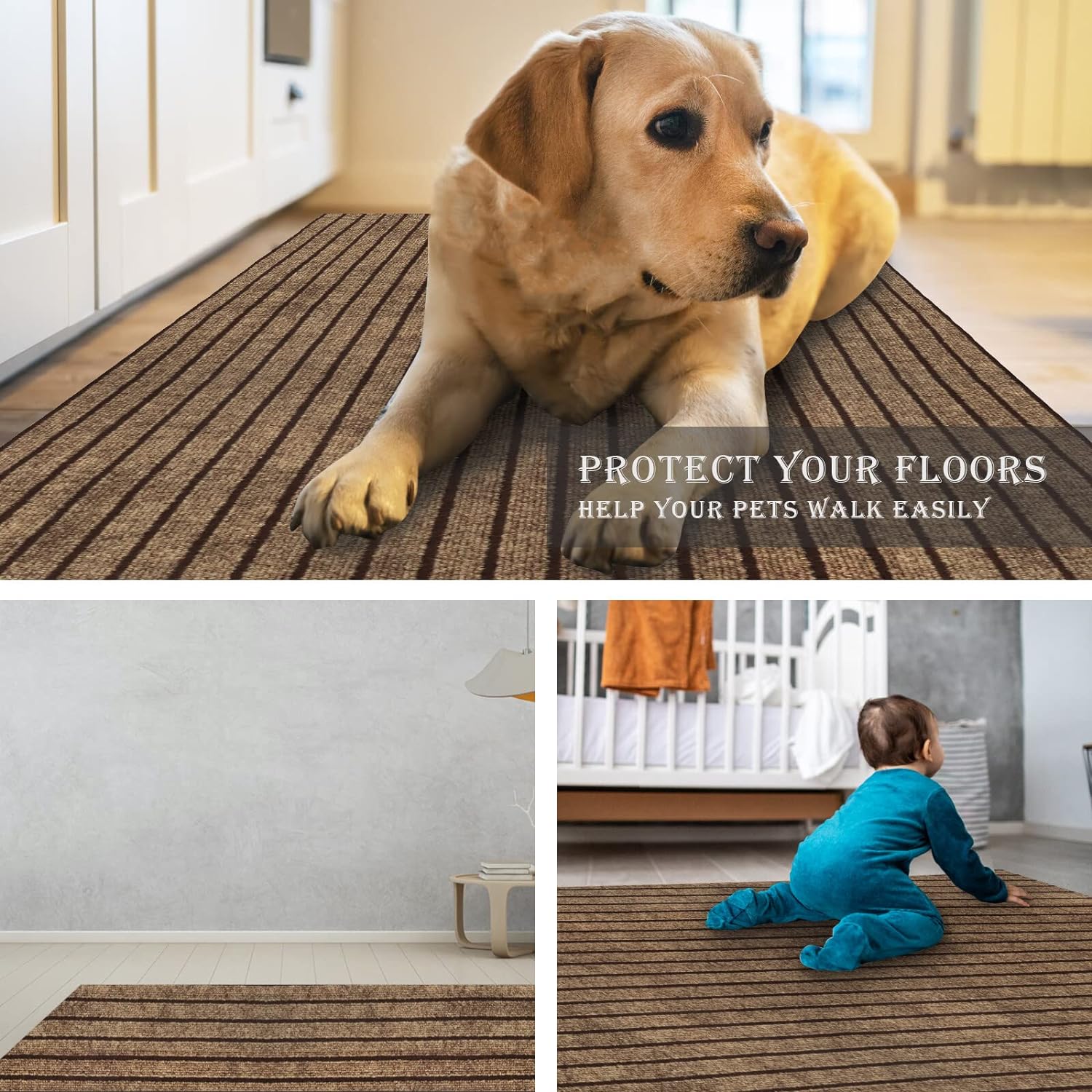 AYOHA Runner Rug 2' x 8' Indoor/Outdoor Carpet Runners, Hallway Kitchen Entryway Bedroom Area Rugs with Natural Non-Slip Rubber Backing, Garage mat, Brown/Brown Strip (Available for Custom Sizes)