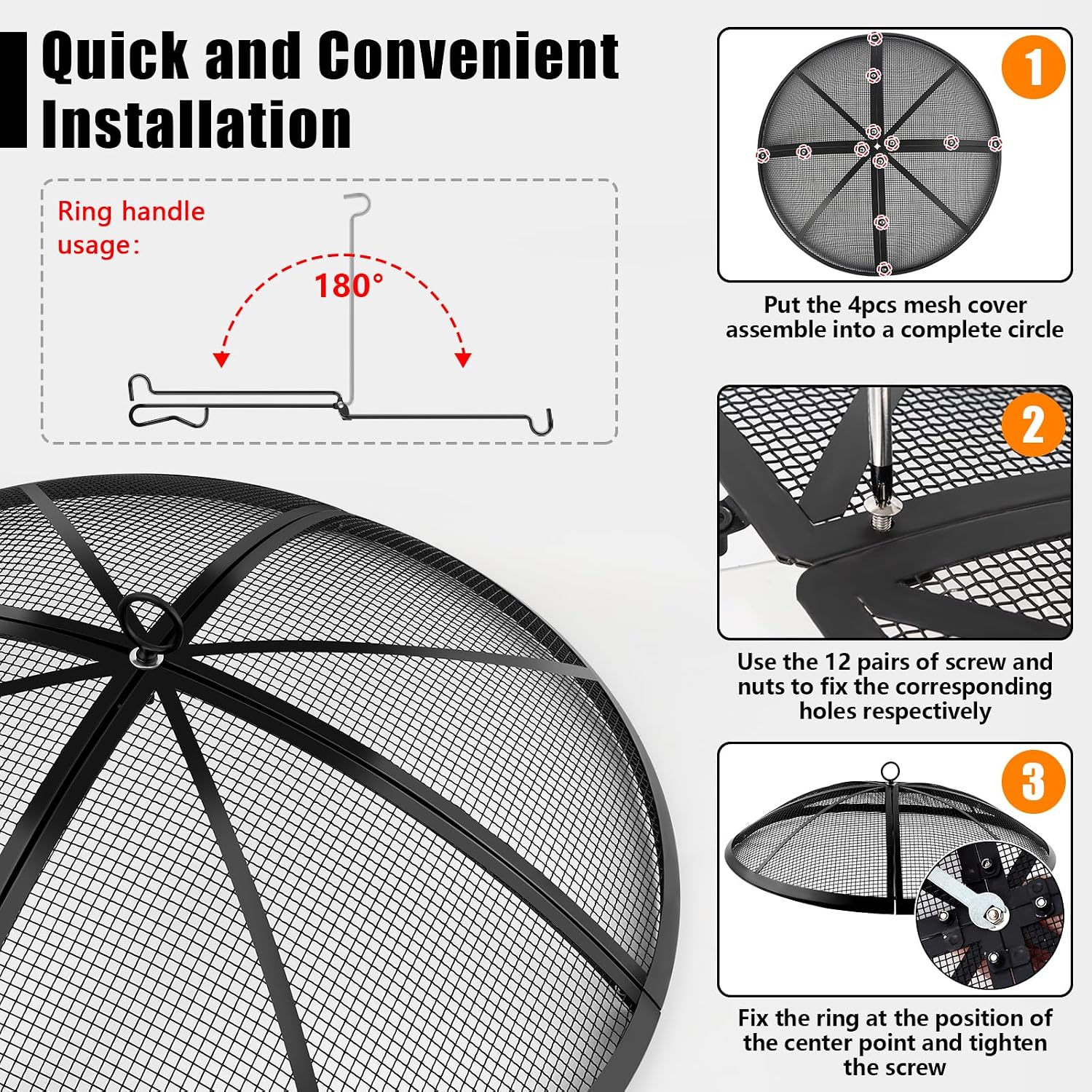 Fire Pit Spark Screen, Fire Pit Screen 36 Inch Round with Handle & Poker