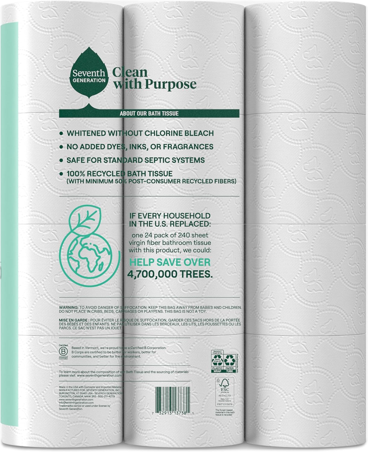 Seventh Generation Toilet Paper, 100% Recycled 2-Ply Bath Tissue, 48 Rolls | 240 Sheets Per Roll, Extra Soft & Strong for Home & RV, Whitened without Chlorine Bleach, No Dyes or Fragrances, Septic Safe