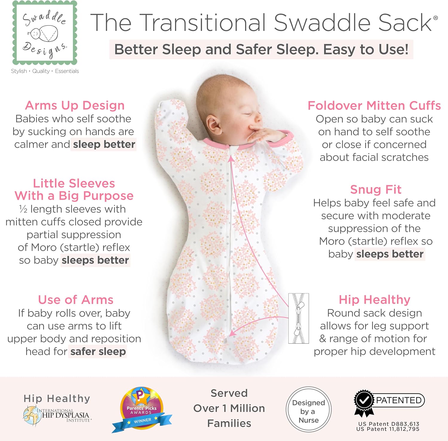 SwaddleDesigns Transitional Swaddle Sack, Arms Up Half-Length Sleeve & Mitten, Most Gradual Transition Swaddle for Newborn