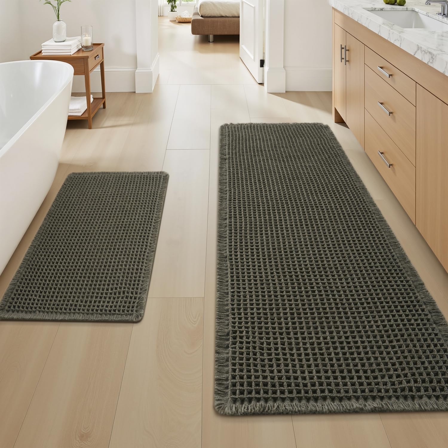 Upgraded Waffle Bath Mat Set of 2 Absorbent Bathroom Mat 18"x30" + 24"x48"