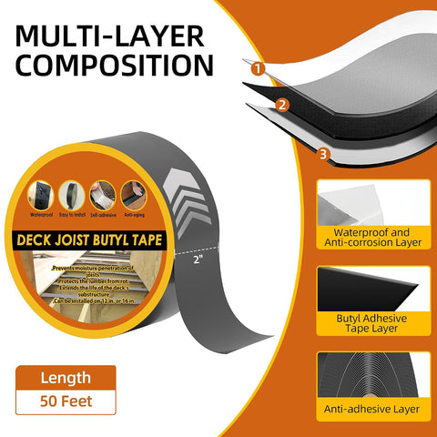 Butyl Joist Tape for Decking 2''×50', 10 Rolls Waterproof Deck Tape