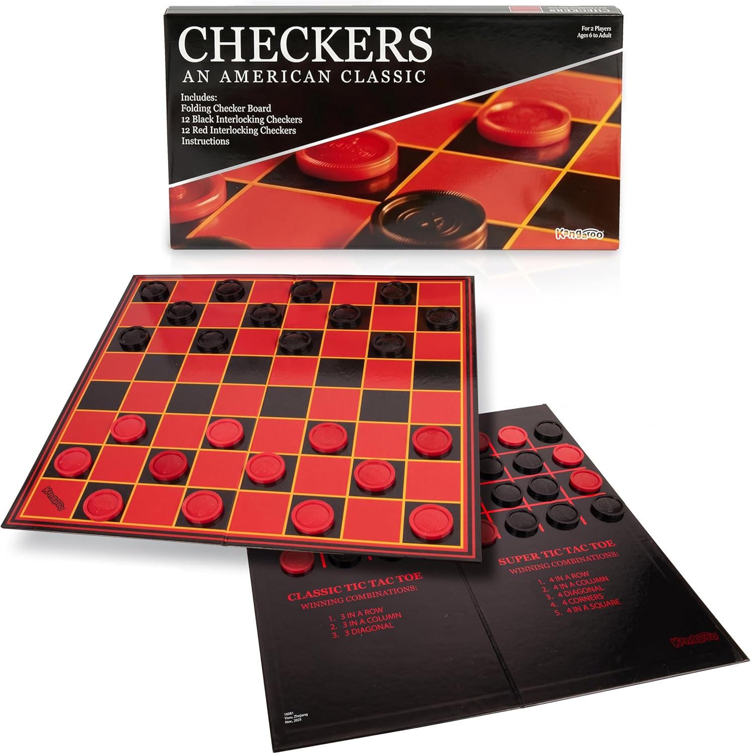 Kangaroo - Multiplayers Strategy Checker Board Game for Kids & Adults - Portable Educational Travel Cardboard Checkers - Includes Large Board w/ 24 Checkers (12 Red and 12- Black) 15x15 Inches