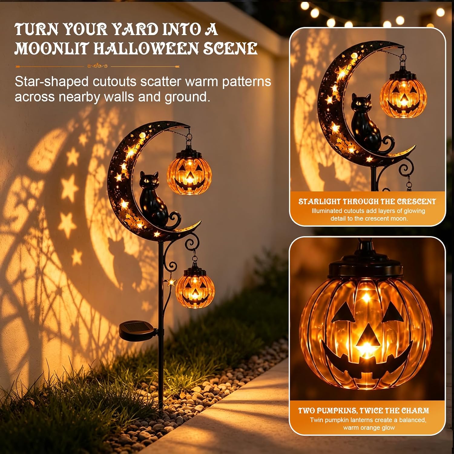Pumpkin Moon Garden Stake Light & Black Cat Garden Stake Light, Outdoor Halloween Decorations with LED Lantern, Solar Halloween Lights for Lawn, Pathway, Porch, Patio