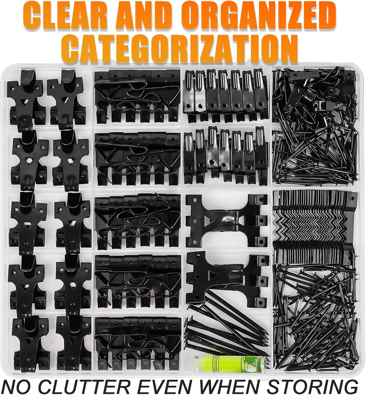 KURUI Picture Hangers, 385Pcs Picture Hanging Kit with Heavy Duty Picture Hanging Hooks, Sawtooth, Hardware Nails and Picture Hanging Tool, Wall Hangers for Frame, Painting, Art, Photo (Black)