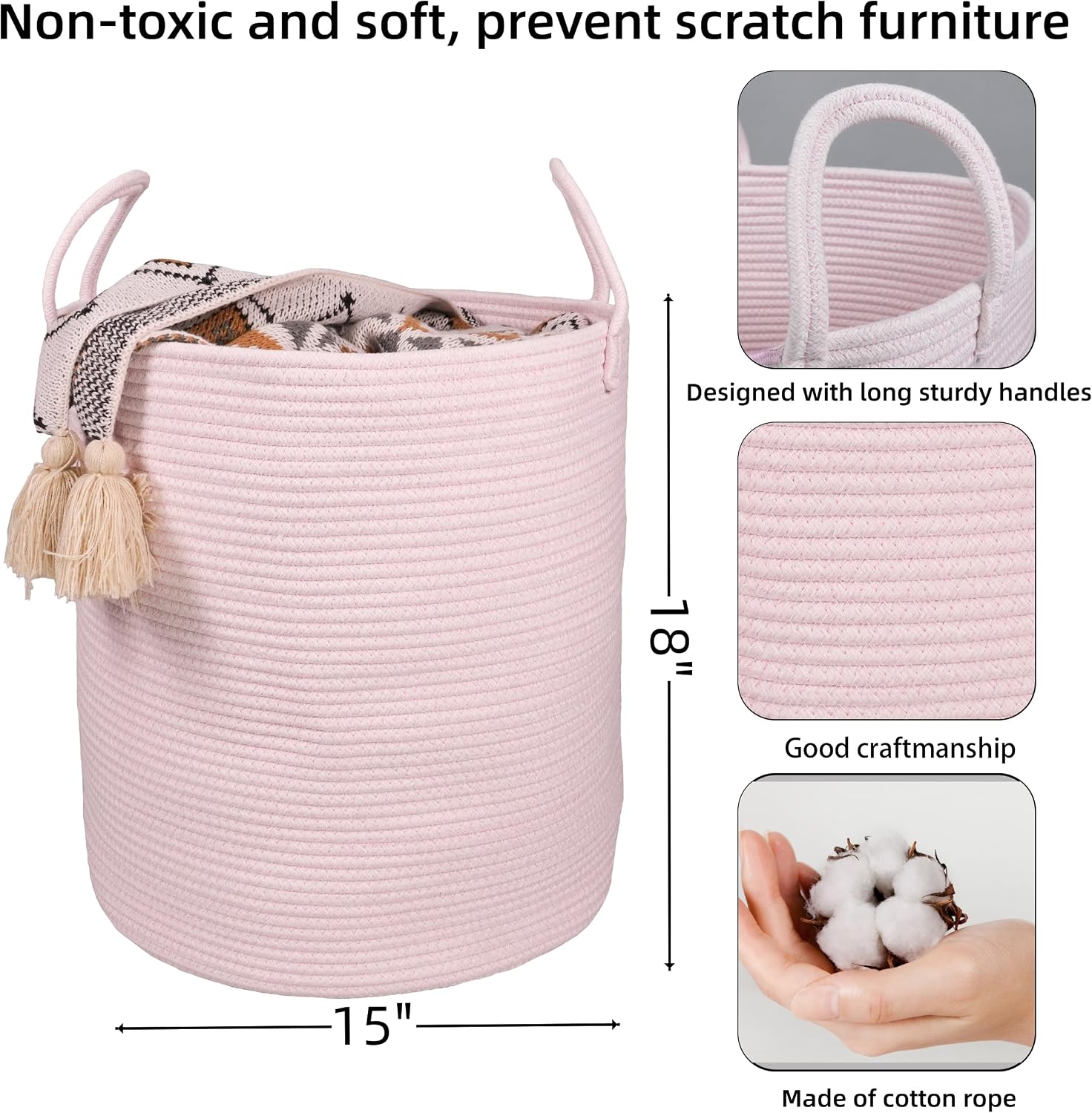 XUANGUO Cotton Rope Laundry Basket Hamper for Girls Kids Baby Nursery Pink