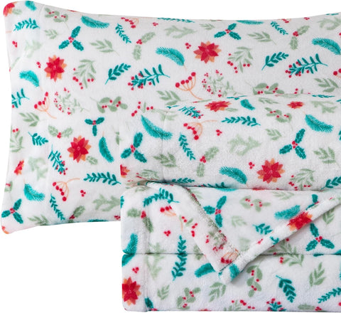 Elegant Comfort Luxuriously Soft 4-Piece Holiday Velvet Plush Flannel Sheet Set - Premium Quality - Cozy Warm, Christmas Fuzzy Velvet Flannel Fleece Deep Pocket Sheet Set - Full, Winter Bloom