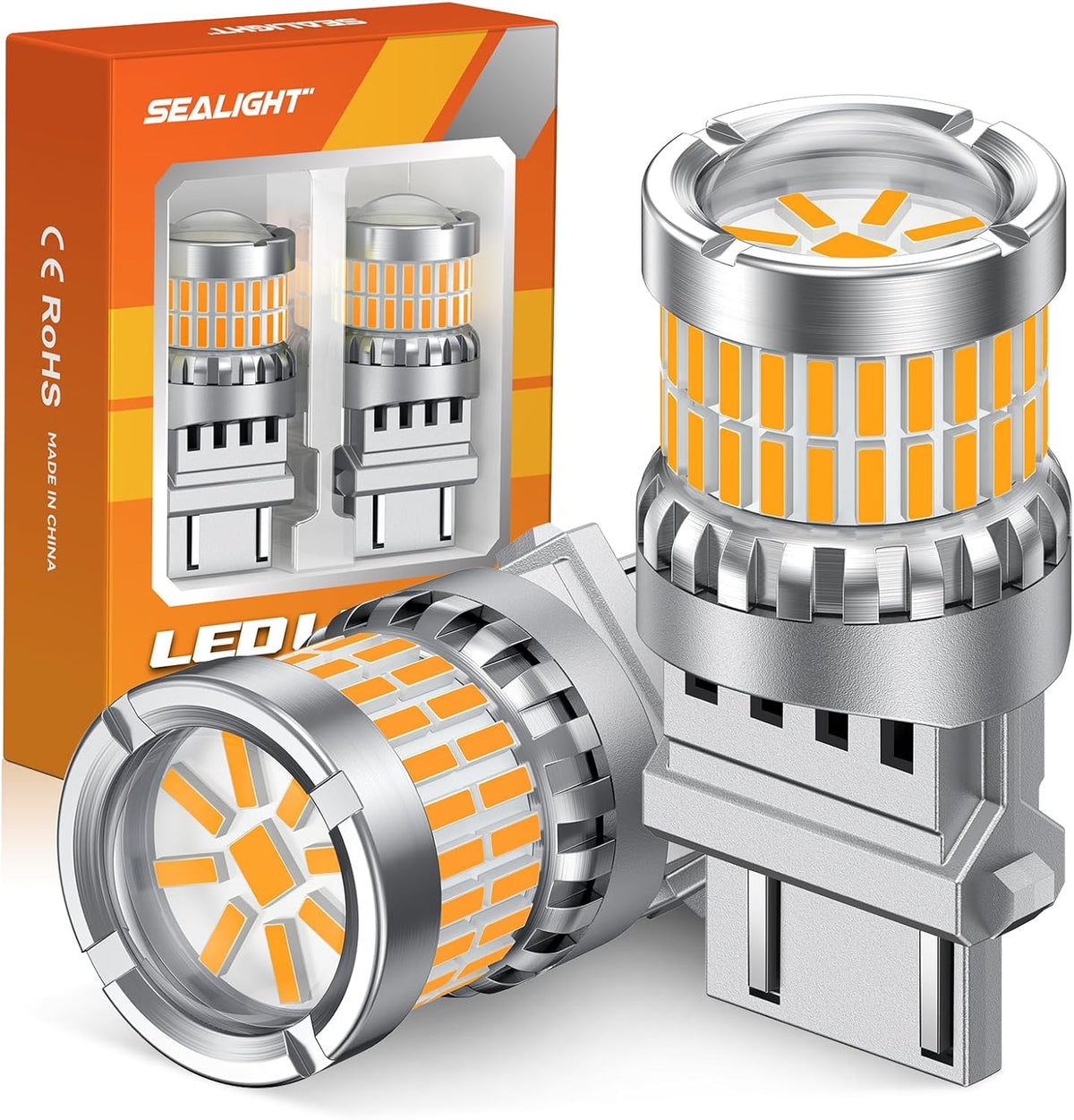 SEALIGHT Turn Signal Light Bulbs, 3157 LED Bulb Amber, 700% Brighter 3157A 3156 3057 4157 LED Bulb 57-SMD LED Chipset with Projector Len & Load Resistor for Turn Signal Light, Parking Light, 2Pcs