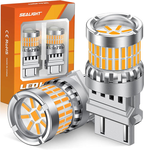 SEALIGHT Turn Signal Light Bulbs, 3157 LED Bulb Amber, 700% Brighter 3157A 3156 3057 4157 LED Bulb 57-SMD LED Chipset with Projector Len & Load Resistor for Turn Signal Light, Parking Light, 2Pcs