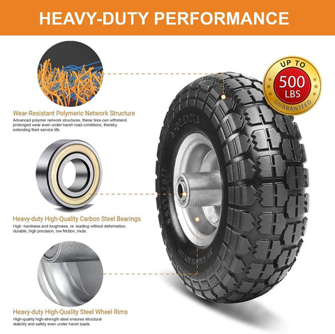10" Solid Tires, 4.10/3.50-4 Tire and Wheel Flat Free, Gorilla Cart Tires Replacement, 4-Pack Solid Rubber Wheels with 5/8" Axle for Hand Trucks, Wheelbarrows, Dollies, Wagons & Garde (10 Inch 4-Pcs)