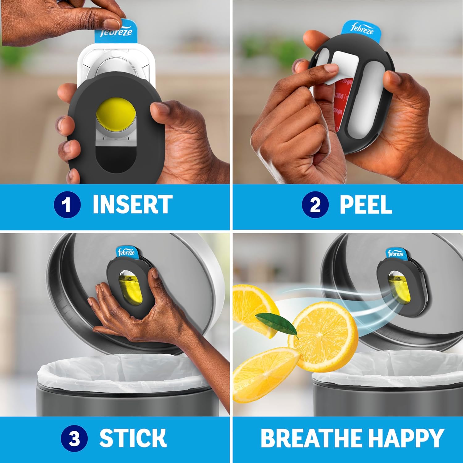 Febreze Trash Can Odor Fighter, Can Air Freshener, Stick-On Deodorizer for Garbage Cans, Diaper Pails, Works with Scented Bags, Fresh Lemon and Linen & Sky Scents, 2 Holders + 2 Refills