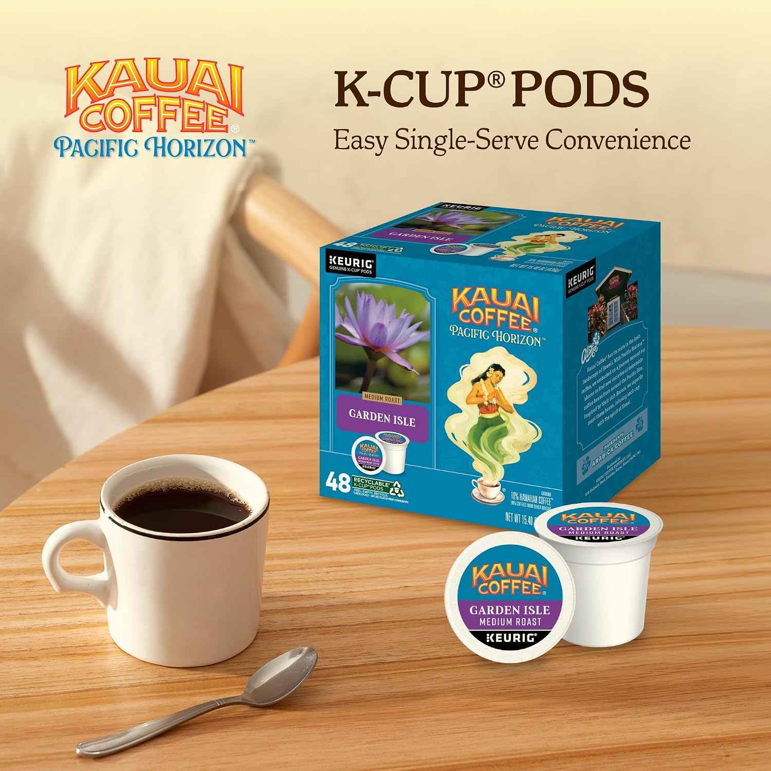 Kauai Coffee K-Cup Pods for Keurig Brewers – Arabica Coffee, 10% Hawaiian – Medium Roast, Bright Aroma With Light Floral Notes – Garden Isle, 1 Pack of 48 Single Serve K-Cups
