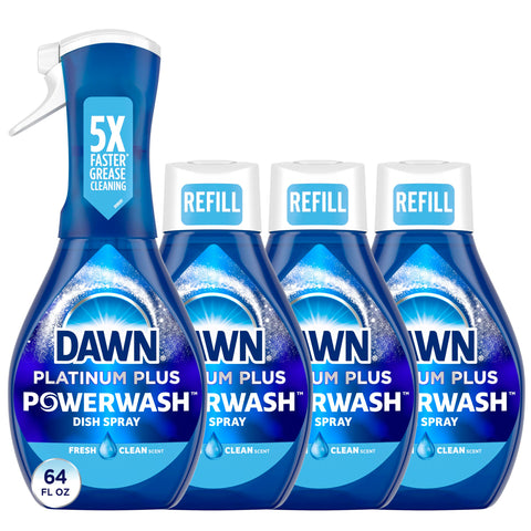 Dawn Platinum Powerwash Dish Spray, Dish Soap Liquid, Fresh Scent Bundle, 1 Spray (16oz) + 3 Refills (16oz each)(Pack of 4)