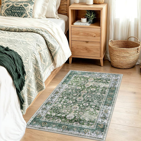 KUTA Vintage Floral Green Entryway Rug 2x3, Kitchen Rugs Washable