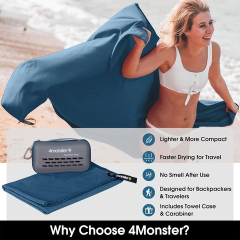4Monster Quick Dry Travel Towel with Case & Carabiner – Super Absorbent Microfiber Gym & Camping Towel. Compact, Lightweight, Fast Drying for Beach, Swimming, Hiking, Backpacking