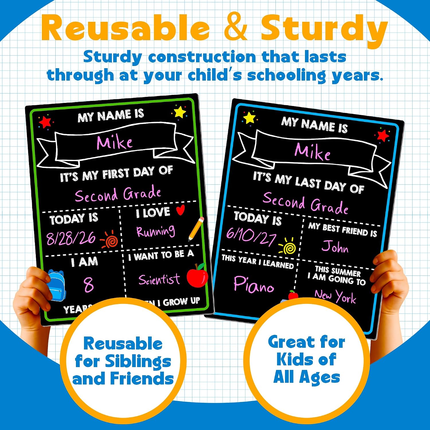 First Day of School Sign, 14 x 11 in Double-Sided & Reusable Board for Kids