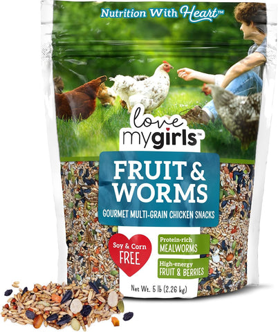 Love My Girls 5lb Chicken Snacks - Gourmet Fruit & Mealworms Bird Treats