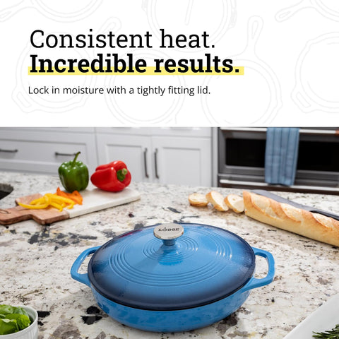Lodge Essential Enamel Cast Iron Braiser, 3.6 Quart, Caribbean Blue
