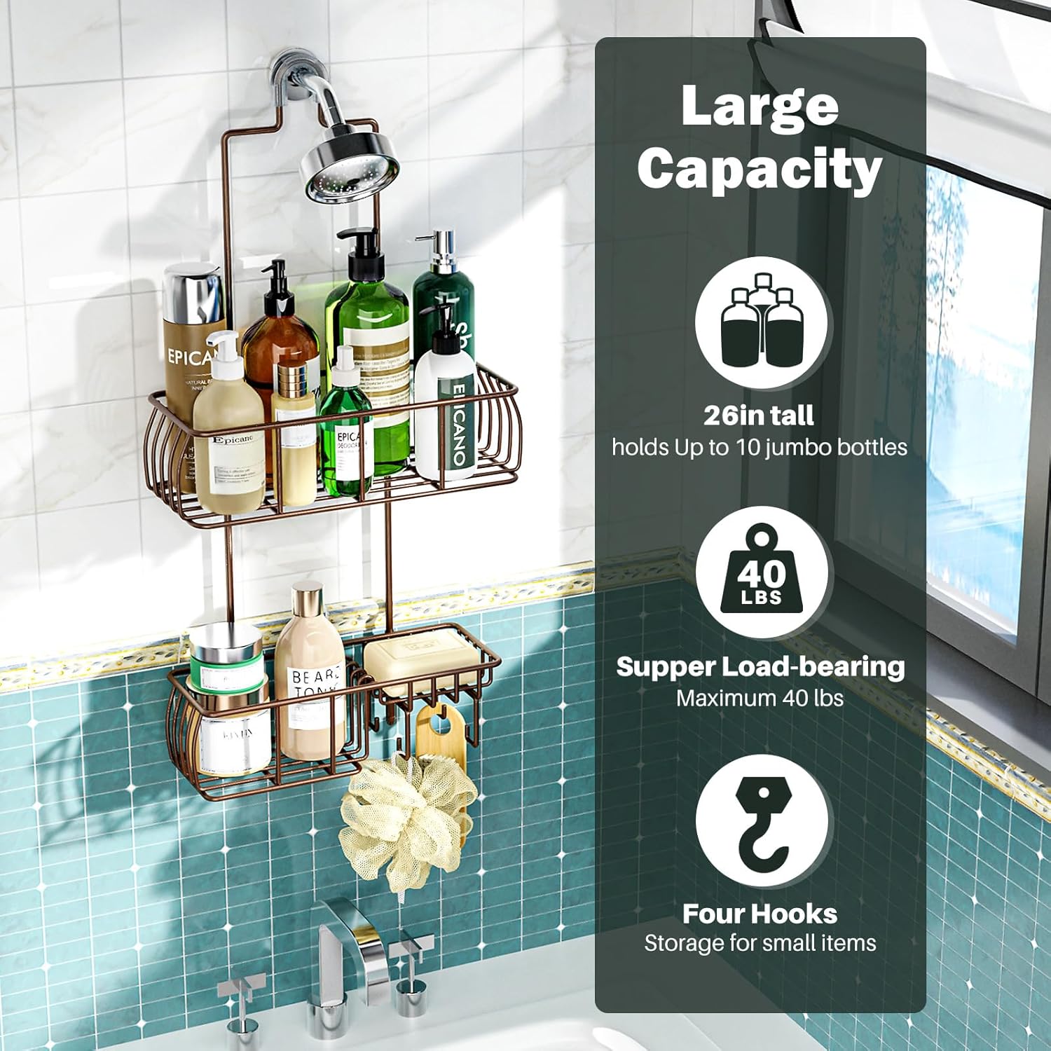 Epicano Shower Caddy Hanging Over Head, Bronze