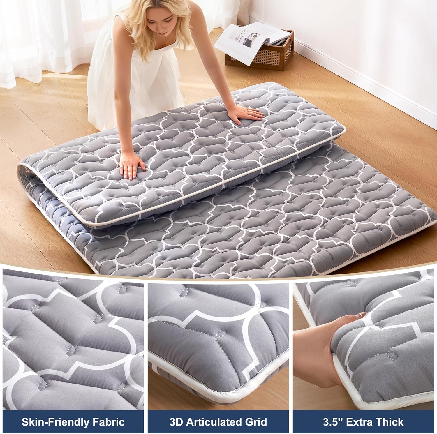 6th Generation Japanese Floor Futon Mattress - Extra-Thick 9-Layer Modern Futon with 100% High-Density Foam, Portable Floor Mattress Sleeping Pad for Adults, Guest Room, Dormitory, King Size(78"X80")