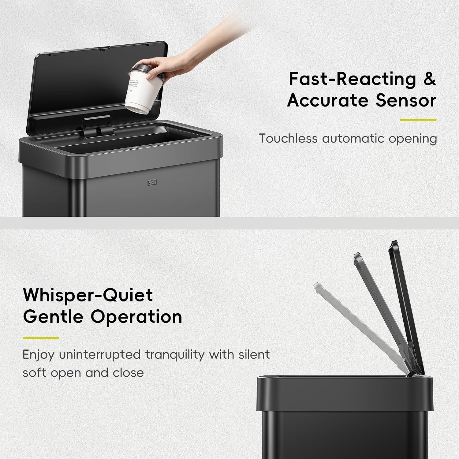 EKO Mirage X 80 Liter / 21.1 Gallons Motion Sensor Trash Can or Recycling Bin, Automatic Large Kitchen Trash Can Touchless, Stainless Steel, Matte Black