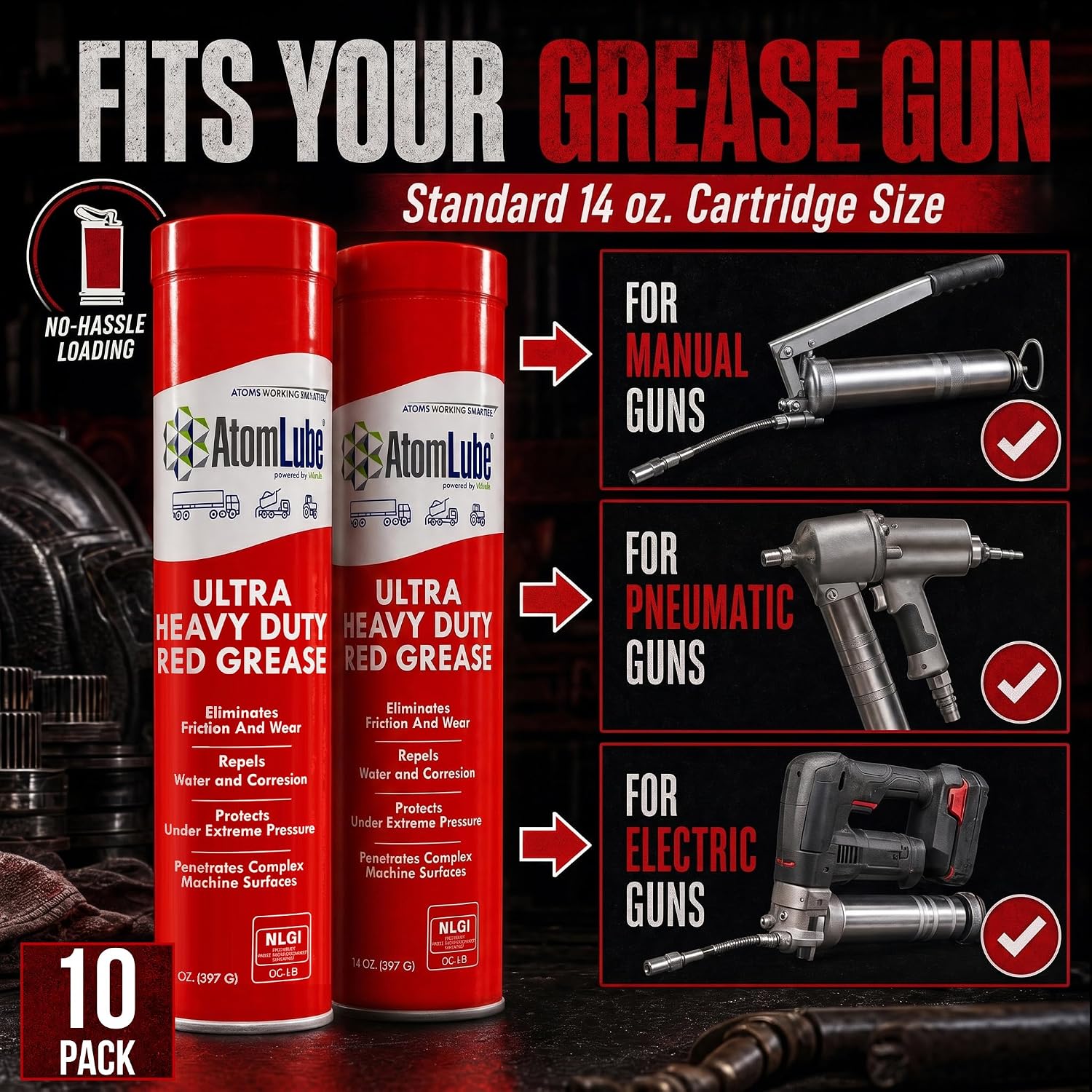 AtomLube Ultra Heavy Duty Red Grease, 10-Pack of 14 oz Tubes